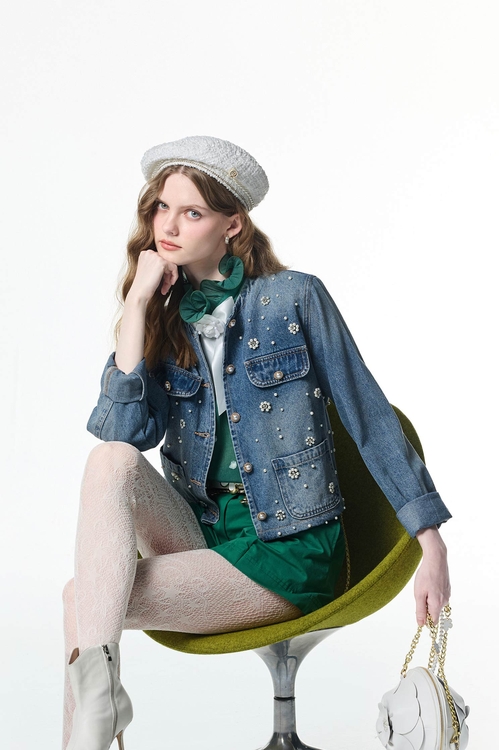 Pearl Floral Detail Denim Jacket,bestselling