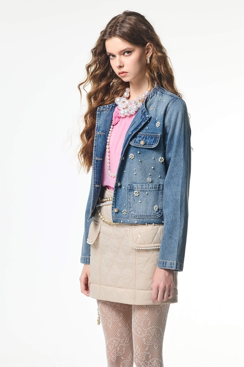 Pearl Floral Detail Denim Jacket,bestselling