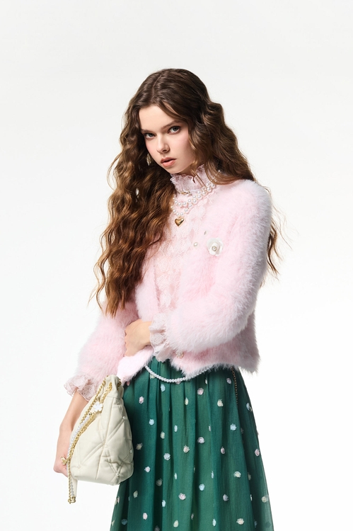 Fux Fur V-neck Cardigan,Knitted