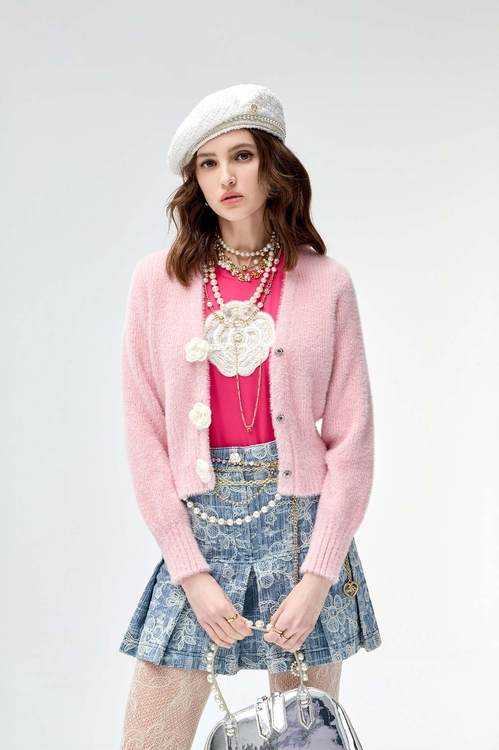 Pink Knit Cardigan With Handcrafted Rose Detail,Knitted coats