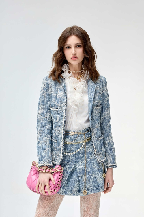 Floral Lace Detail Mid Length Denim Jacket,Denim Jackets