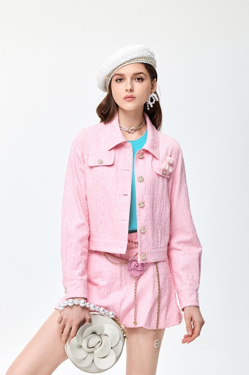 Pink Sequin Demin Jacket,Denim,Denim