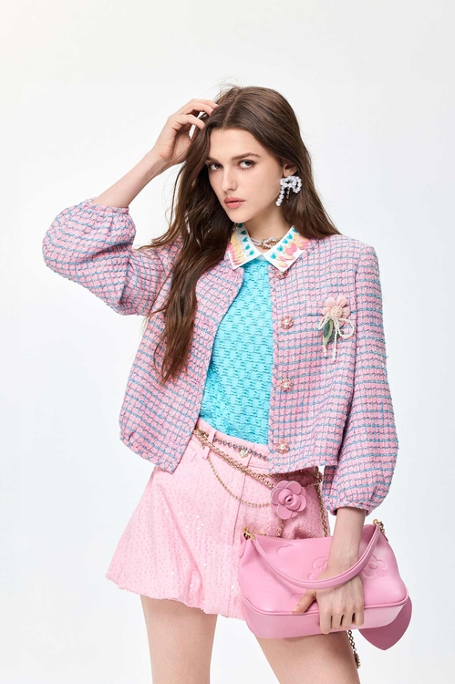 Contrast Blue Plaid Tweed Jacket,Jackets