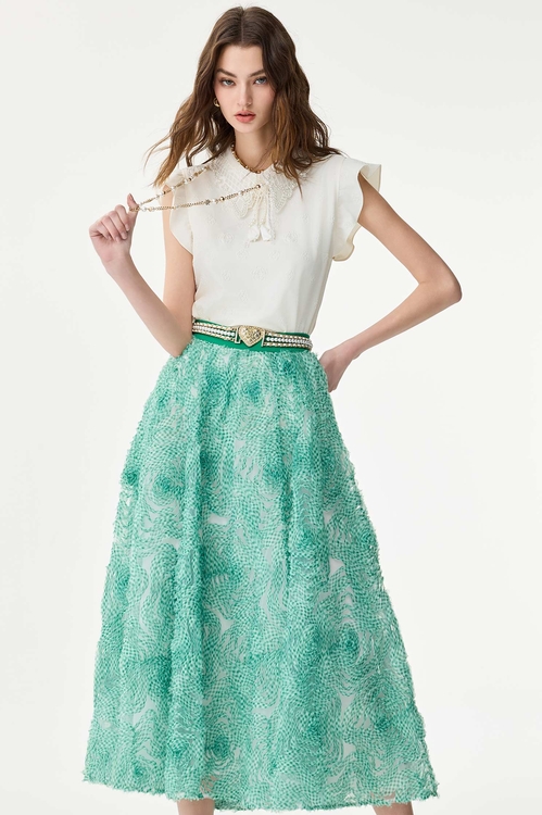Checkerd Mesh Floral Maxi Skirt,Midi skirts