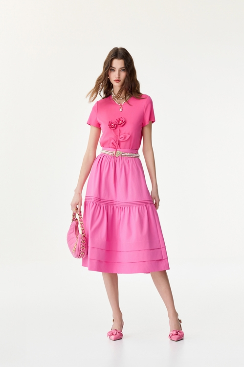Fushia Pink Tiered Skirt,Midi skirts