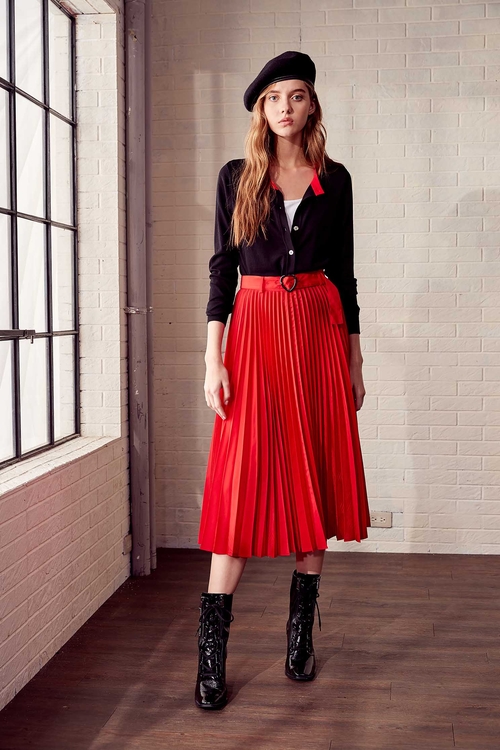 Mid Waist Pleated Skirt,Lucky Red