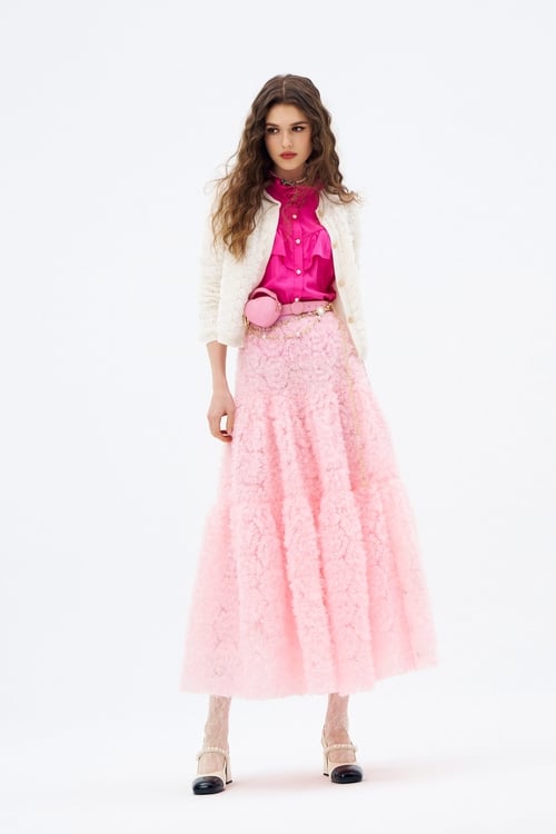 3-D Mesh Rose Detail Pink Skirt,Midi skirts