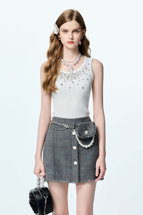 Tweed Short Skirt With Detachable Waist Pouch,Shorts