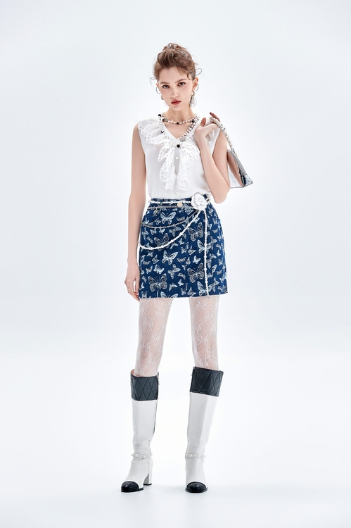 Butterfly Print Denim Skirt,Mini skirts