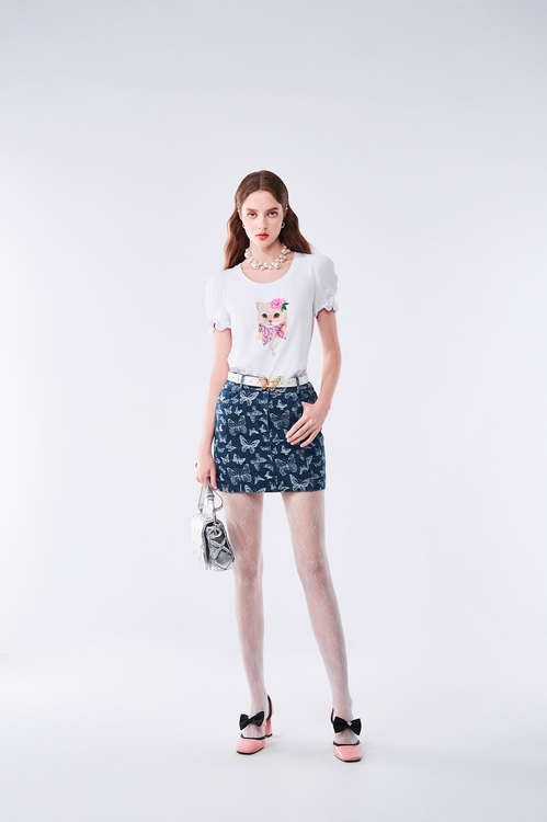 Butterfly Print Denim Skirt,Mini skirts