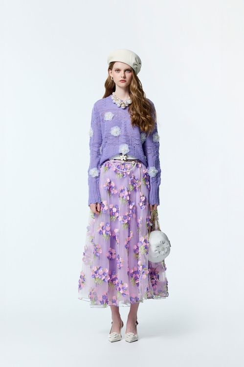 3-D Floral Detail Mesh Skirt,Valentine