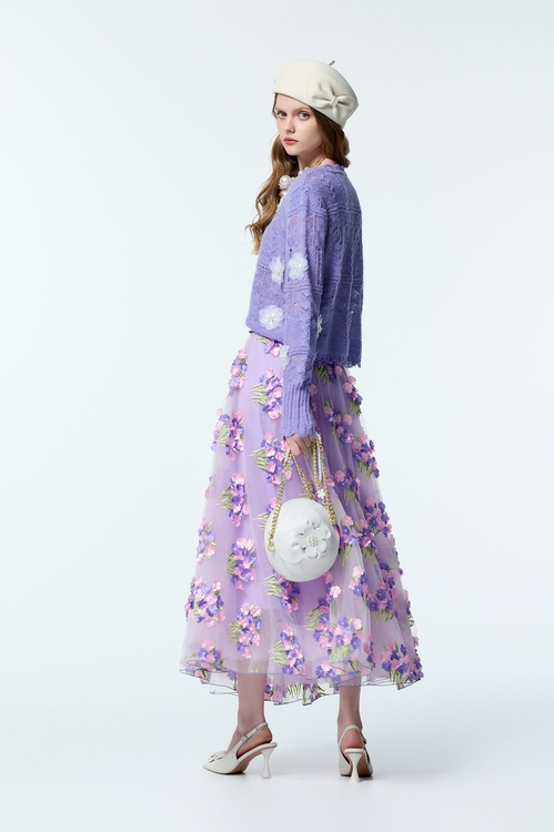 3-D Floral Detail Mesh Skirt,Valentine