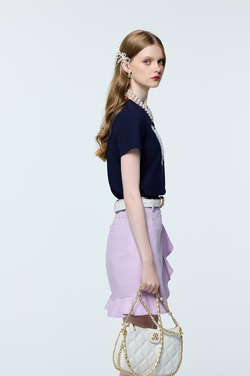 Silver Star Print Ruffle Denim Skirt,Valentine