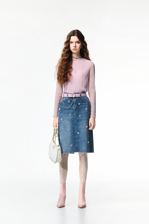 Pearl Floral Detail Denim Skirt,Denim,Denim