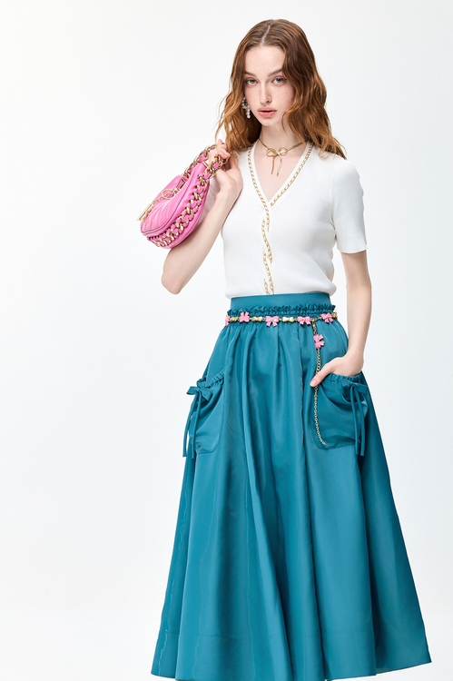 Bow Detail Cyan Skirt,Midi skirts