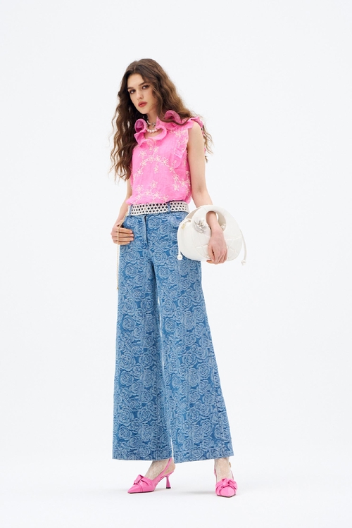 Rose Print Wide Leg Jeans,Culottes,Culottes