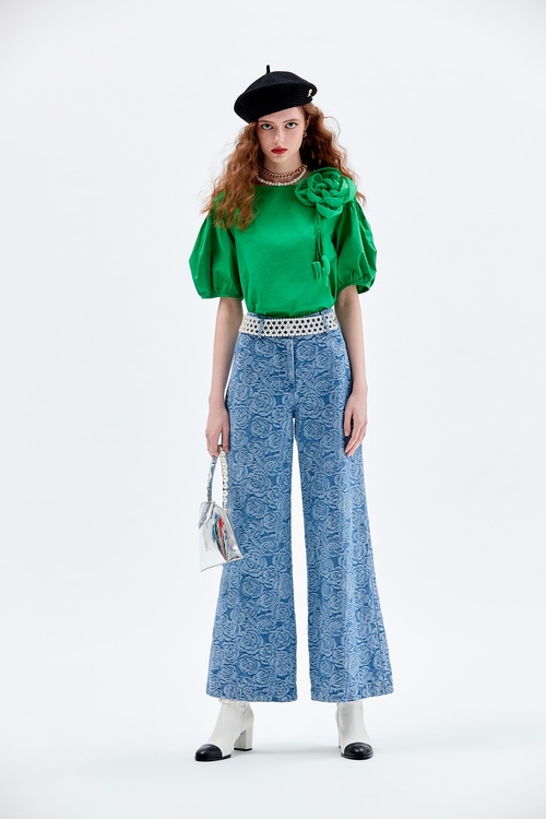 Rose Print Wide Leg Jeans,Culottes,Culottes