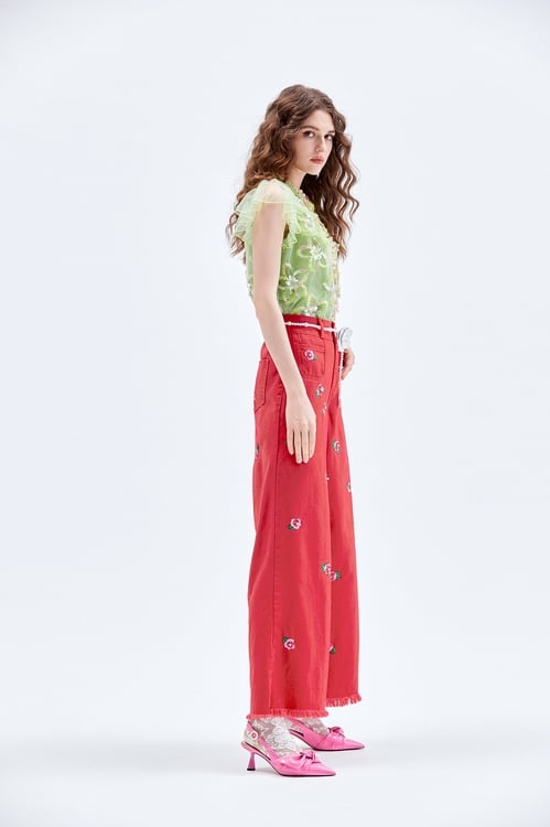 Embroidered Floral Detail Wide Leg Jeans,Denim pants