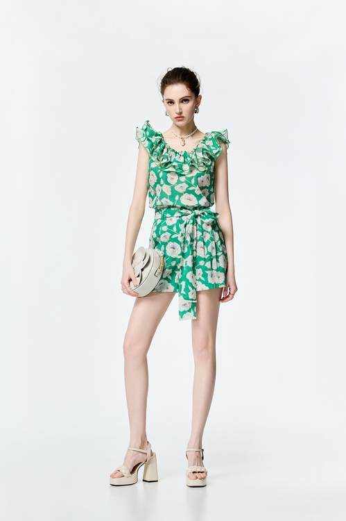 Floral Print Belted Bow Shorts,Skorts