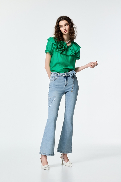 Mini Belted Waist Pouch Boot Leg Jeans,Jeans