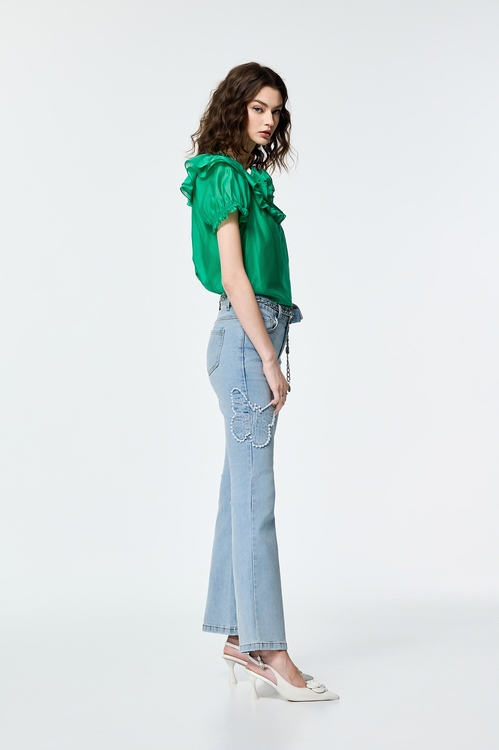 Mini Belted Waist Pouch Boot Leg Jeans,Jeans