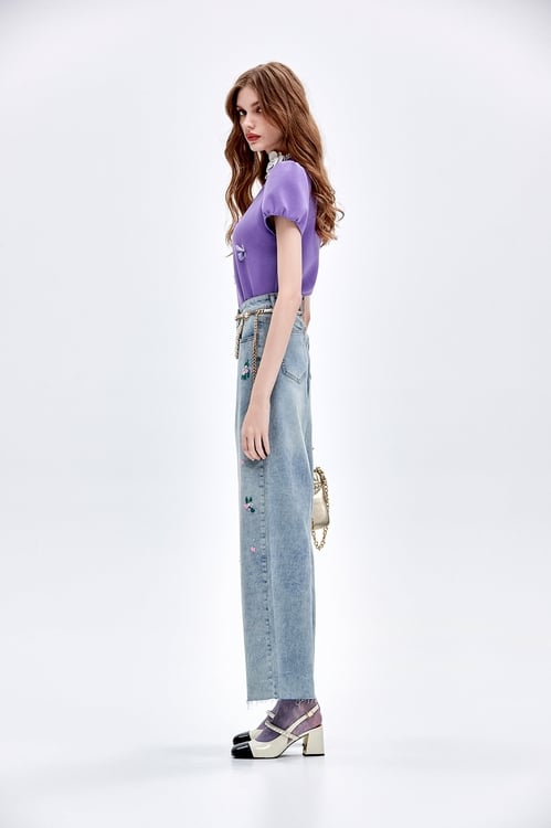 Floral Embroidery Sequin Detail Jeans,Jeans