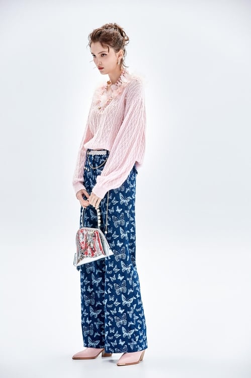 Butterfly Print Wide Leg Jeans,Jeans