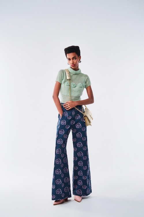 Rose Graphic Wide Leg Jeans,Culottes,Culottes