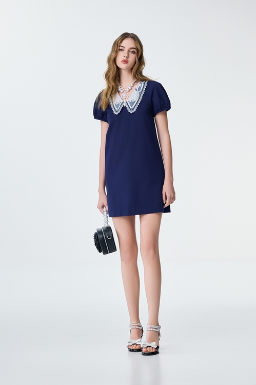 Embroidery Organza Collar Detail Navy Short Dress,V-neck dresses