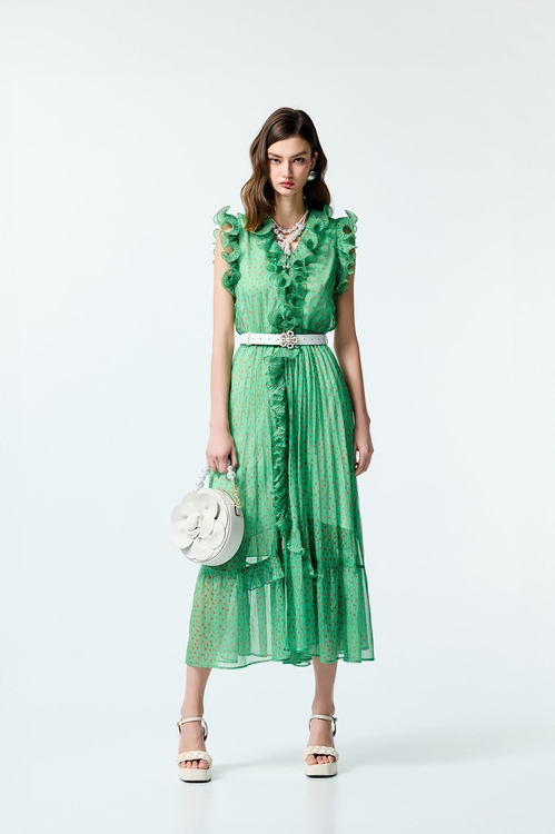 Polka Dot Print Ruffle Detail Chiffon Dress,Chiffon dresses