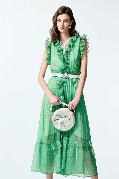 Polka Dot Print Ruffle Detail Chiffon Dress,Chiffon dresses