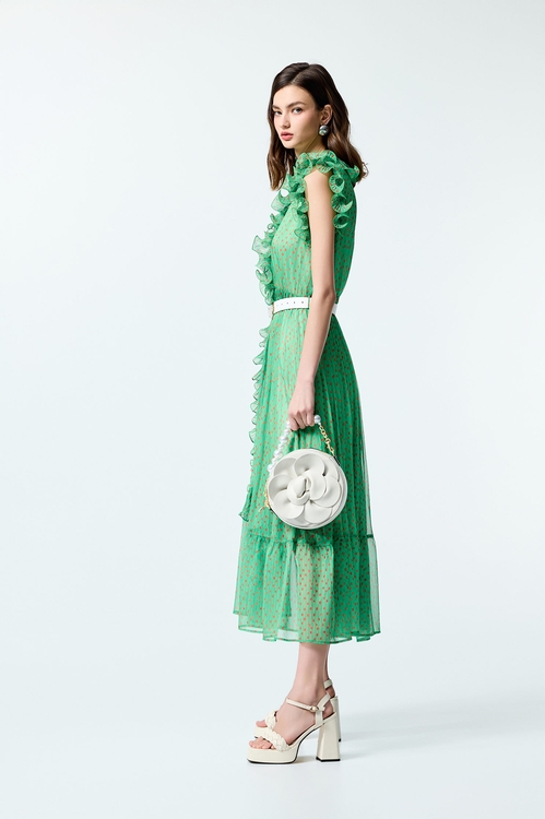 Polka Dot Print Ruffle Detail Chiffon Dress,Chiffon dresses