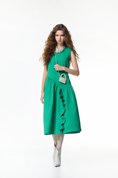 Jade Green Waffle Asymmetric Dress,Plaid