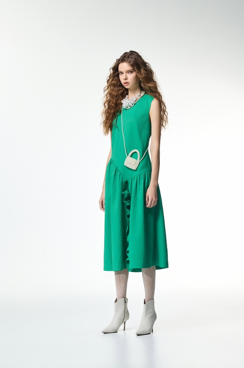 Jade Green Waffle Asymmetric Dress,Plaid