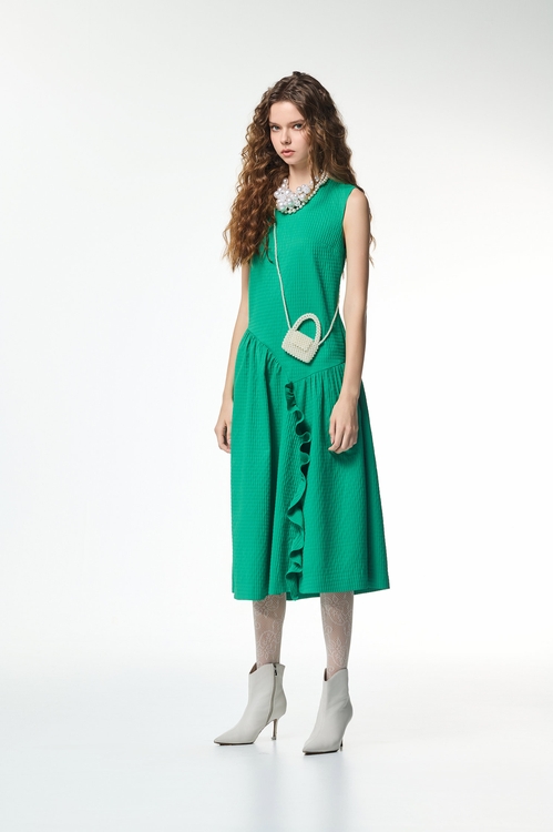 Jade Green Waffle Asymmetric Dress,Plaid