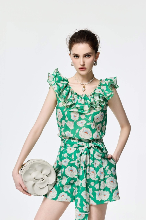 Floral Print Ruffle Neckline Vest,sleeveless tops,sleeveless tops,Sleeveless tops,sleeveless tops