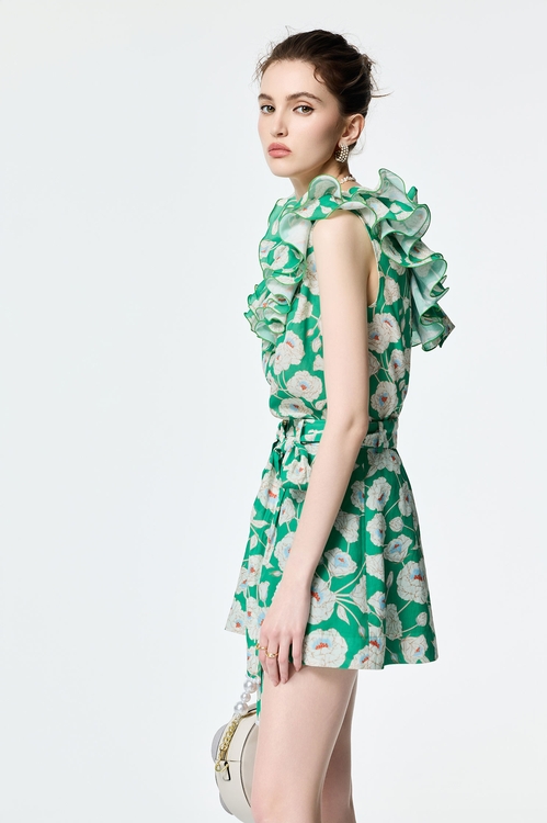 Floral Print Ruffle Neckline Vest,sleeveless tops,sleeveless tops,Sleeveless tops,sleeveless tops