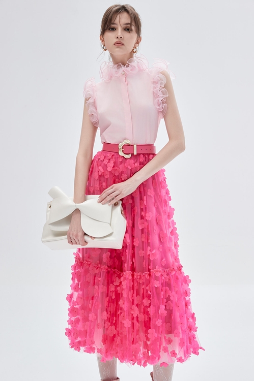 Pink Ruffle Detail Vest,Mini skirts