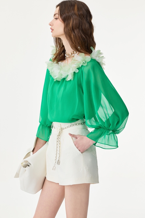 Contrast 3-D Floral Detail Chiffon Top,,Contrast 3-D Floral Detail Chiffon Top,Tops,Season (SS) Look,Chiffon,Chiffon tops