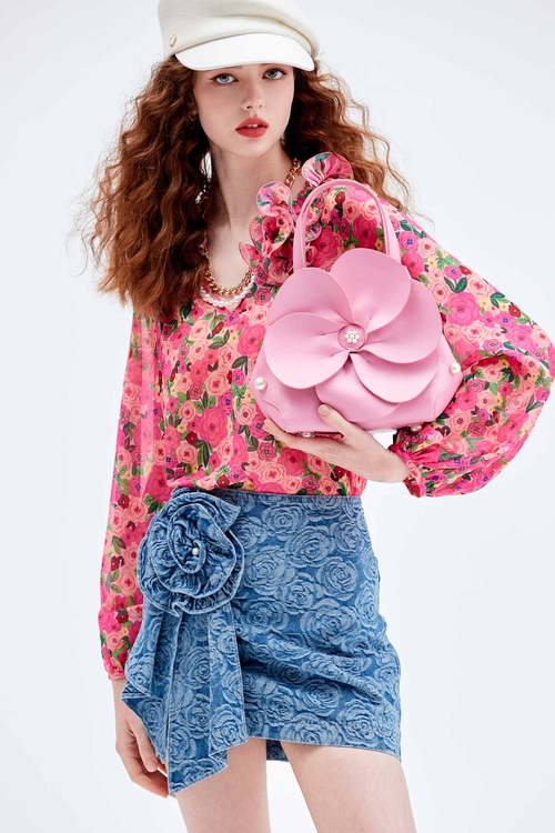 Floral Print Top With Ruffle Collar Detail,Chiffon