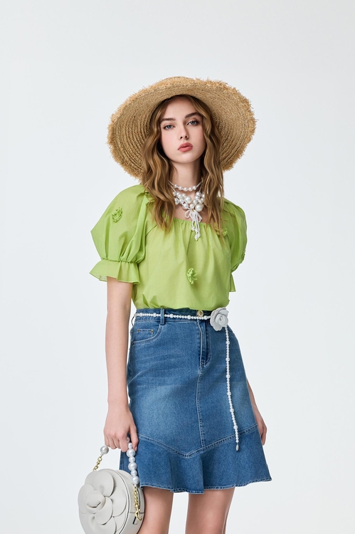 3-D Floral Detail Green Top,Tops