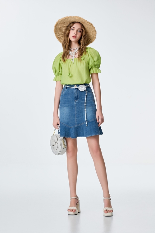 3-D Floral Detail Green Top,Tops