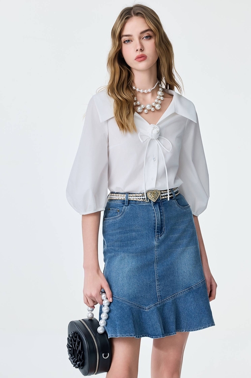 Floral Brooch Detail Button Front Top,Tops