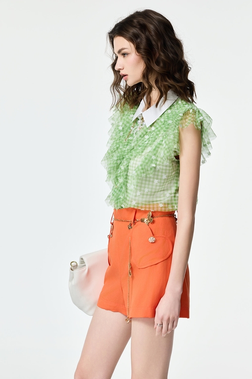 Contrast Floral Ruffle Detail Plaid Vest,Tops