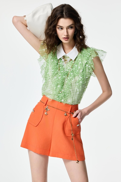 Contrast Floral Ruffle Detail Plaid Vest,Tops