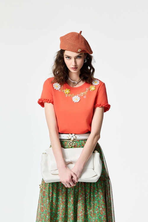 Floral Embroidery Short Sleeve Tee,Tops