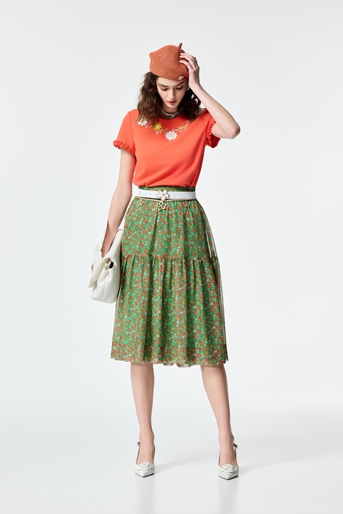 Floral Embroidery Short Sleeve Tee,Tops