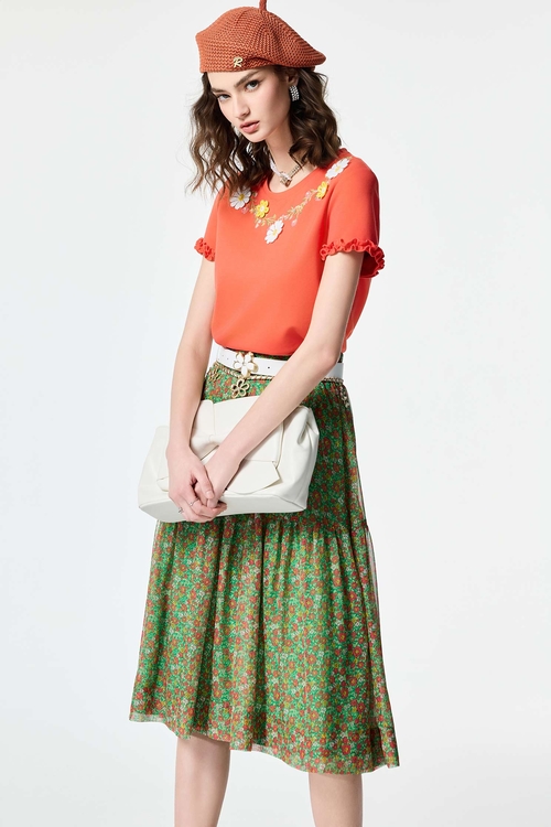 Floral Embroidery Short Sleeve Tee,Tops