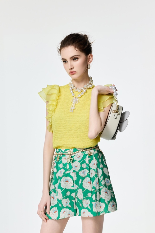 Ruffle Layered Sleeve Elastic Pleated Top,sleeveless tops,sleeveless tops,Sleeveless tops,sleeveless tops