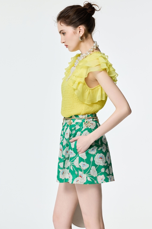 Ruffle Layered Sleeve Elastic Pleated Top,sleeveless tops,sleeveless tops,Sleeveless tops,sleeveless tops